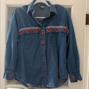 Embroidered bead Denim Shirt with Red Accents